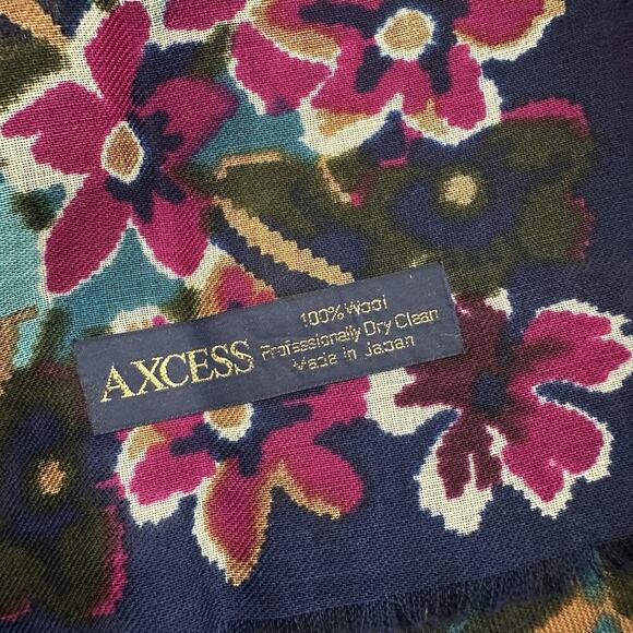 Axcess Vintage 90s Wool Square Scarf Navy Blue Pink Floral Fray Trim Large Japan - Picture 3 of 3